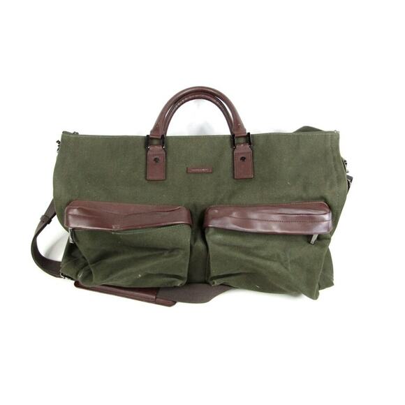 Hook & Albert Twill Garment Weekender Bag Green Canvas Leather Duffle- Rare - Picture 4 of 11